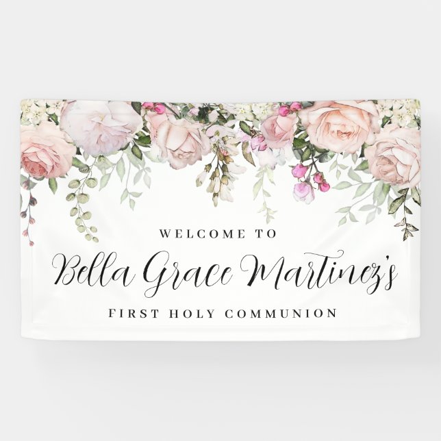 Blush Pink Rose Floral Erste Kommune Willkommen Banner (Horizontal)