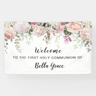 Blush Pink Rose Floral Erste Kommune Willkommen Banner
