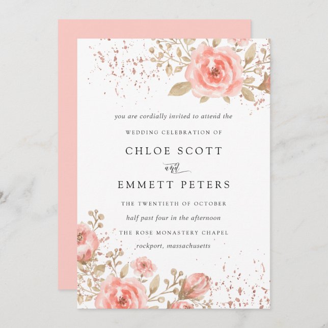 Blush Pink Rose Floral Gold Blätter Einladung (Vorne/Hinten)