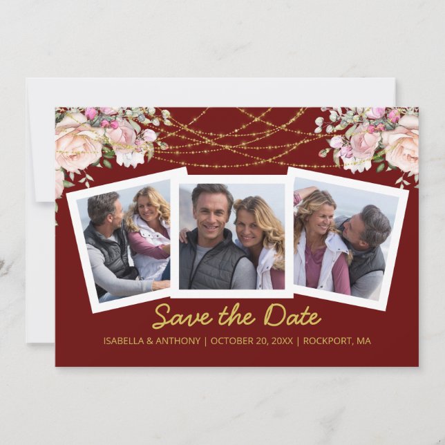 Blush Pink Rose Floral Gold Burgund 3 Foto Save The Date (Vorderseite)