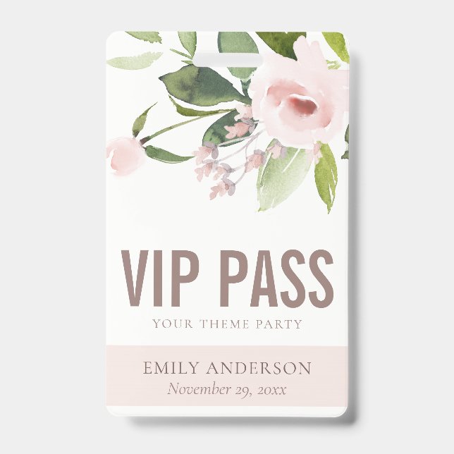BLUSH PINK ROSE FLORAL VIP JEDE PARTY PASS AUSWEIS (Vorderseite)