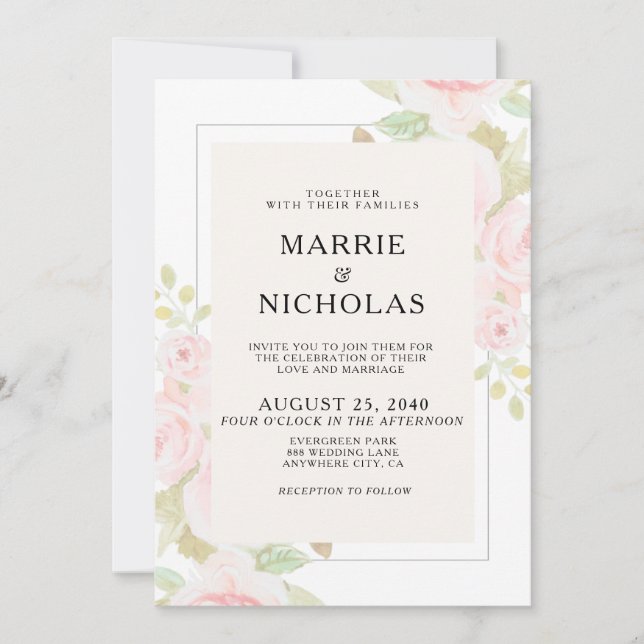 Blush Pink Rose Floral Wasserfarbe Hochzeit einlad (Vorderseite)