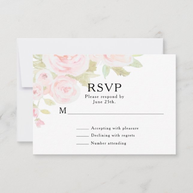 Blush Pink Rose Floral Wasserfarbe Hochzeit RSVP Karte (Vorderseite)