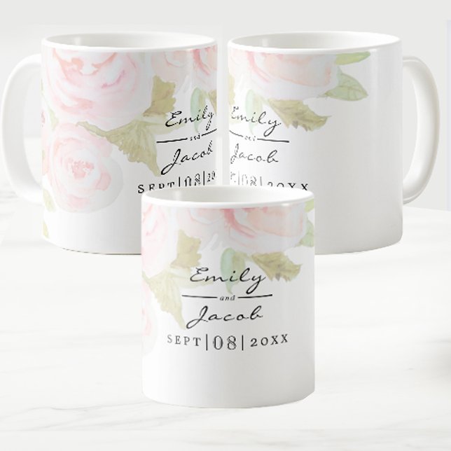 Blush Pink Rose Floral Wasserfarbe Hochzeitscouch Kaffeetasse (Blush Pink Rose Floral Watercolor Wedding Couple Coffee Mug)