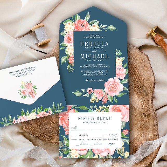 Blush Pink Rose Garden Dusty Blue Wedding All In One Einladung (Von Creator hochgeladen)