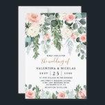 Blush Pink Rose Garden Einladung<br><div class="desc">Das Design ist mit üppiger Vegetation,  verschiedenen Eukalyptus-Blätter und Zweigen,  Champagner/Elfenbein/Weiß Rosen,  Rosen mit Rosen,  Rosen mit rosa Rosen,  die Lilie des Tals,  die sich inmitten von Grün,  Hydrangea-Blume oder Babyatmen und vieles mehr verwoben. Klicken Sie auf den Link Sammlung,  um passende Produkte zu finden.</div>