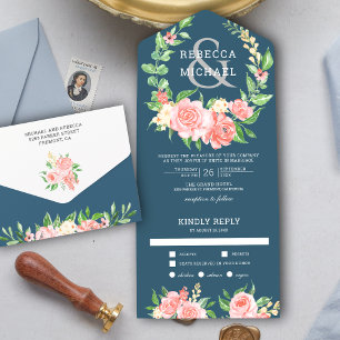 Blush Pink Rose Garland Dusty Blue Wedding All In One Einladung