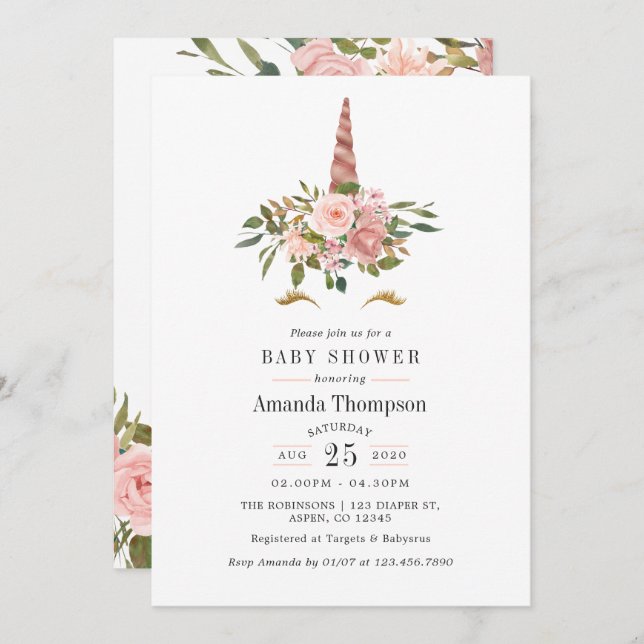 Blush Pink & Rose Gold Bläsernicorn Kinderdusche Einladung (Vorne/Hinten)