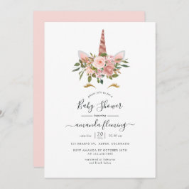 Blush Pink & Rose Gold Bläsernicorn Kinderdusche Einladung