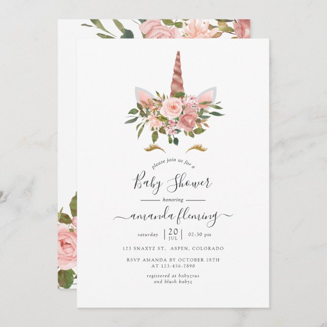 Blush Pink & Rose Gold Bläsernicorn Kinderdusche Einladung (Vorne/Hinten)