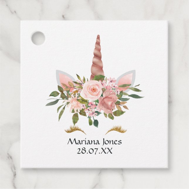 Blush Pink & Rose Gold Bläsernicorn Kinderdusche Geschenkanhänger (Vorderseite)