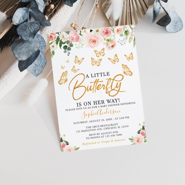 Blush Pink Rose Gold Blumenschmetterling Baby Dusc Einladung (Von Creator hochgeladen)