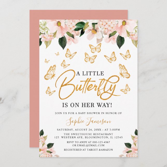 Blush Pink Rose Gold Blumenschmetterling Baby Dusc Einladung (Vorne/Hinten)