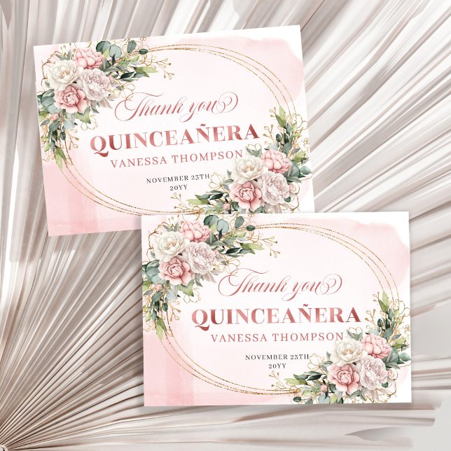 Blush Pink Rose Gold Boho Mis Quince Thank You Car Dankeskarte (Blush Pink Rose Gold Boho Mis Quince Thank You Card)