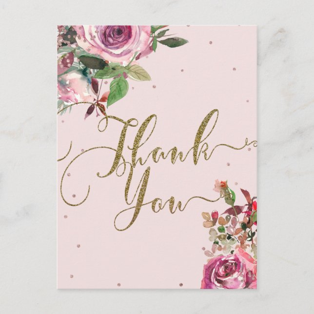 Blush Pink Rose Gold Floral Moderne Vielen Dank Postkarte (Vorderseite)