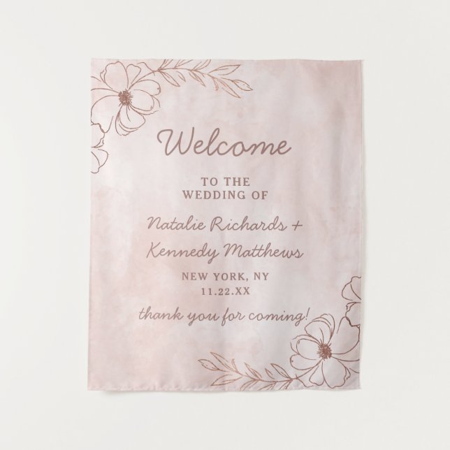 Blush Pink & Rose Gold Foil Blues Hochzeit Willkom Wandteppich (Vorderseite)