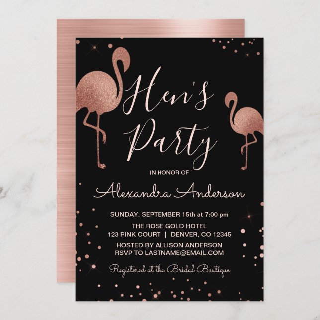 Blush Pink - Rose Gold Foil Flamingo Hen's Party Einladung (Vorne/Hinten)