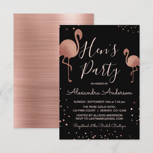 Blush Pink - Rose Gold Foil Flamingo Hen's Party Einladung (Vorne/Hinten)