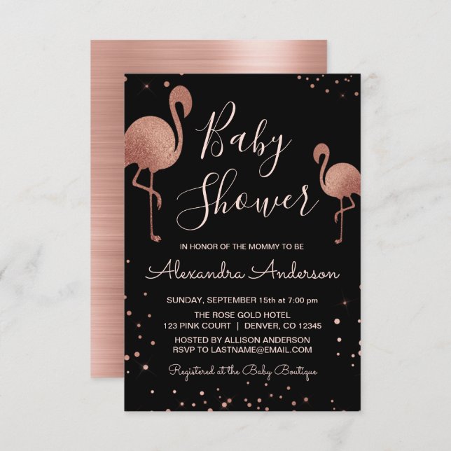 Blush Pink - Rose Gold Foil Flamingo Kinderdusche Einladung (Vorne/Hinten)