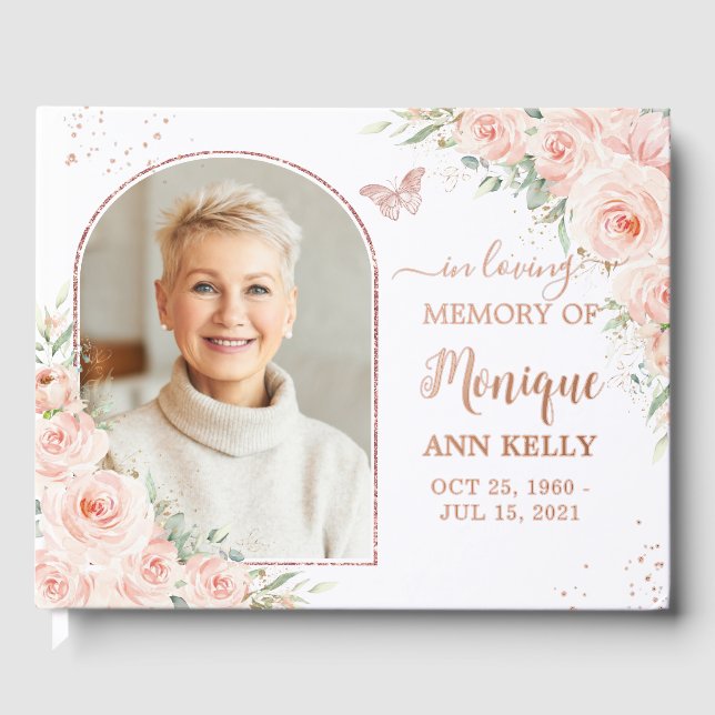 Blush Pink Rose Gold Gedenkstätte Beerdigung Foto Gästebuch (Vorderseite)
