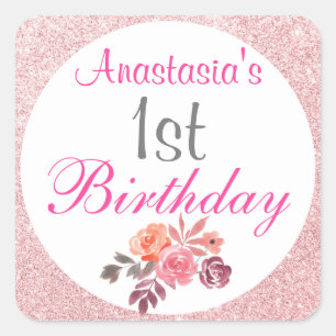 Blush Pink Rose Gold Glitzer Floral 1. Geburtstag Quadratischer Aufkleber
