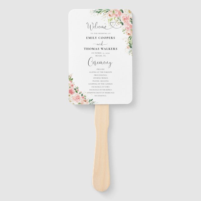 Blush Pink Rose Gold Hochzeitsprogramm Hand Fan Fächer (Vorderseite)