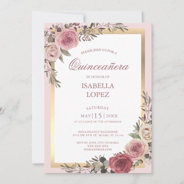 Blush Pink Rose Gold Quinceñera Einladung (Vorderseite)