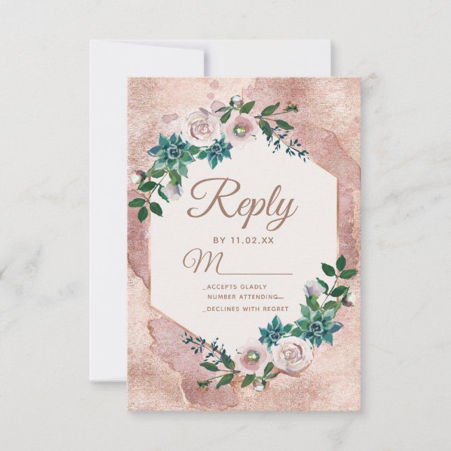 Blush Pink Rose Gold Succules Wedding RSVP Karte (Vorderseite)