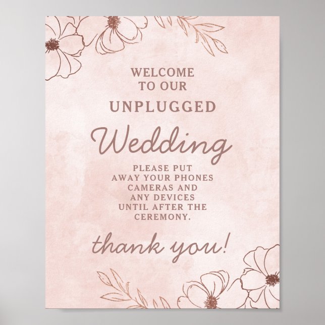 Blush Pink Rose Gold Unplugged Wedding Table Sign Poster (Vorne)