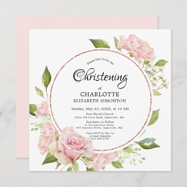 Blush Pink Rose Gold Wasserfarben Christine Einladung (Vorne/Hinten)