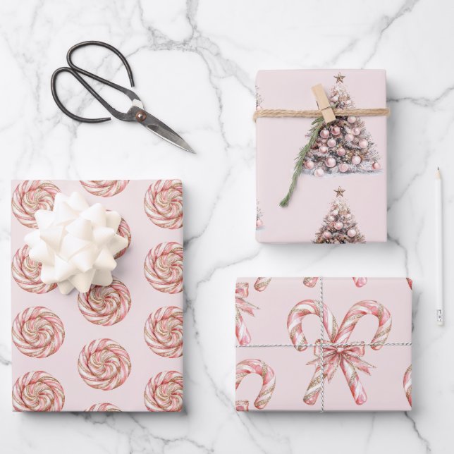 Blush Pink Rose Gold Weiße Pfefferminzen Weihnacht Geschenkpapier Set (Vorderseite)
