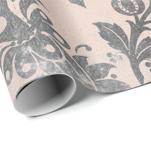 Blush Pink Rose Grau Blumenpulver Grauer Damast Geschenkpapier (Rolleneckpunkt)