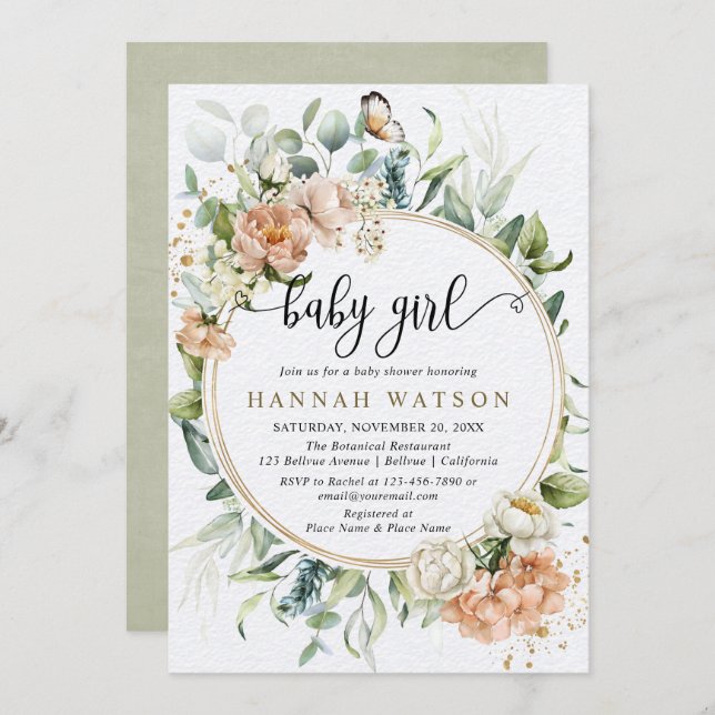 Blush Pink Rose Sage Eukalyptus Girl Baby Dusche Einladung (Vorne/Hinten)