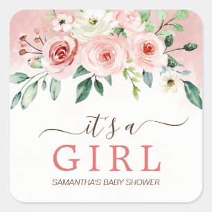 Blush Pink Rose Wasserfarbe Girl Babydusche Quadratischer Aufkleber