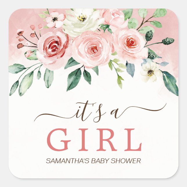 Blush Pink Rose Wasserfarbe Girl Babydusche Quadratischer Aufkleber (Vorderseite)