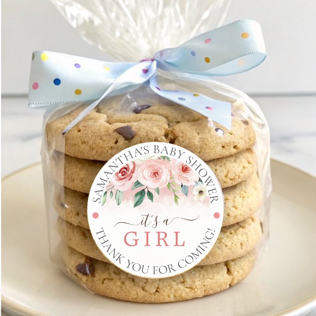 Blush Pink Rose Wasserfarbe Girl Babydusche Square Runder Aufkleber (Blush Pink Rose Watercolor Girl Baby Shower Square Classic Round Sticker)