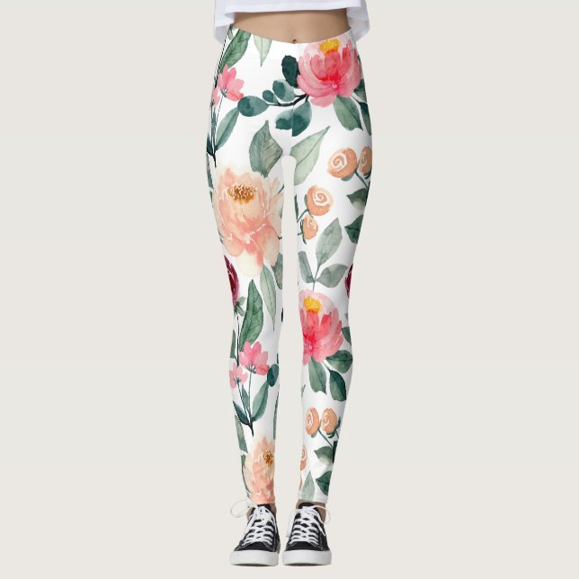 Blush Pink Rose Wasserfarben Muster Leggings (Vorderseite)