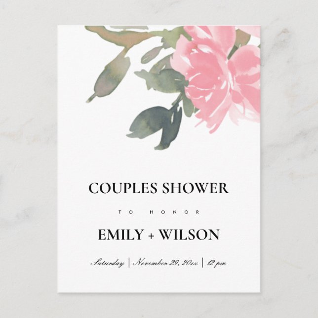 BLUSH PINK ROSE WATERCOLOR FLORAL COUPLES DUSCHE EINLADUNGSPOSTKARTE (Vorderseite)