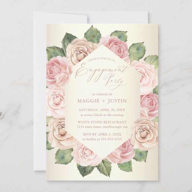 Blush Pink Rose Watercolor Floral Engagement Party Einladung (Vorderseite)