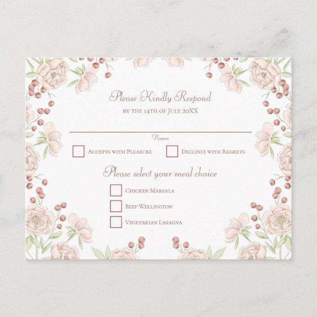 Blush Pink Rose Wedding RSVP Feiertagspostkarte (Vorderseite)