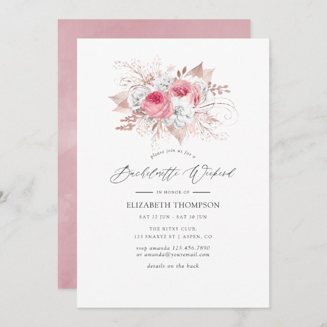 Blush Pink & Rosen Gold Floral Bachelorette Wochen Einladung (Vorne/Hinten)