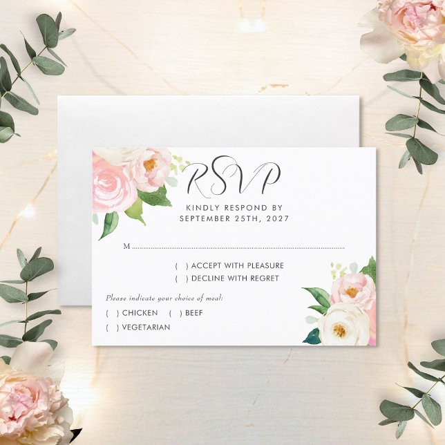 Blush Pink Roses Botanische Wasserfarbenhochzeit RSVP Karte (Von Creator hochgeladen)
