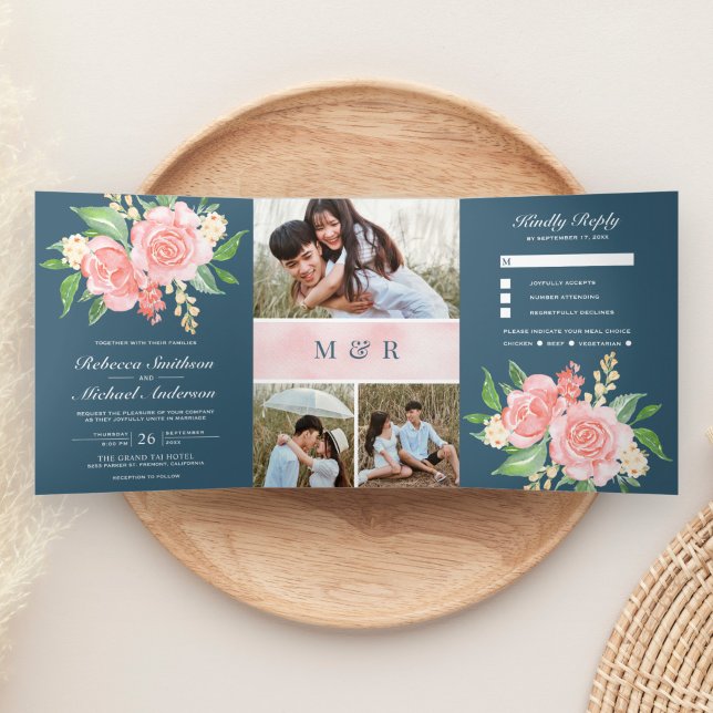 Blush Pink Roses Foto Collage Dusty Blue Wedding Dreifach Gefaltete Einladung (Von Creator hochgeladen)