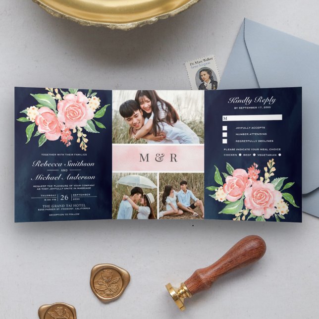 Blush Pink Roses Foto Collage Navy Blue Wedding Dreifach Gefaltete Einladung (Von Creator hochgeladen)