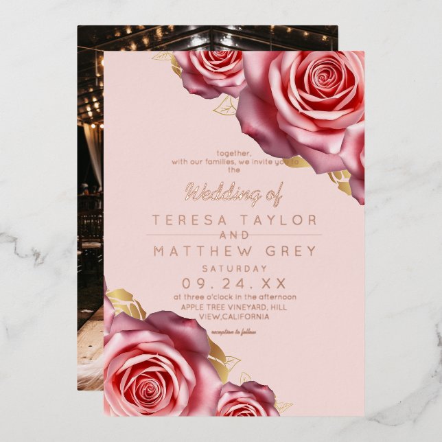 Blush Pink Roses Gold Foil Modern Wedding  Folieneinladung (Vorderseite/Rückseite)