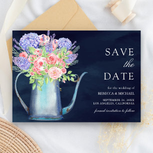 Blush Pink Roses Hydrangea Navy Blue Wedding Save The Date