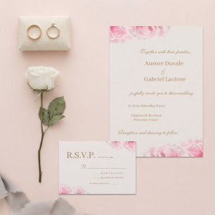 Blush Pink Roses Ivory Gold Floral Wedding RSVP Einladung