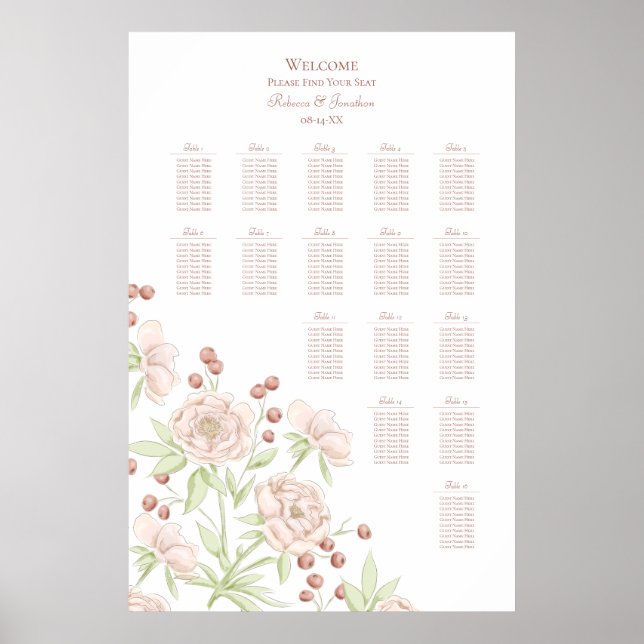 Blush Pink Roses Modern Wedding Seating Chart Poster (Vorne)