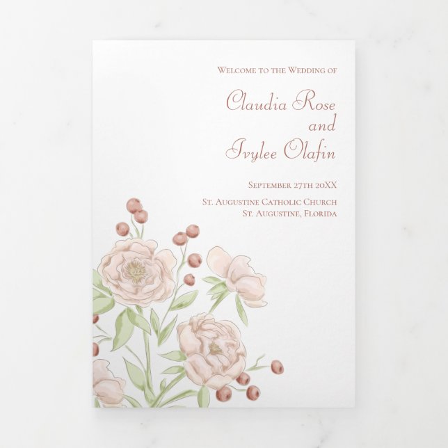 Blush Pink Roses Wedding Programs Modern Dreifach-gefaltete Programmkarte (Cover)