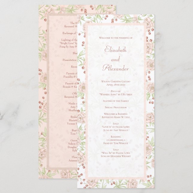 Blush Pink Roses Wedding Vintage Programs Menükarte (Vorne/Hinten)